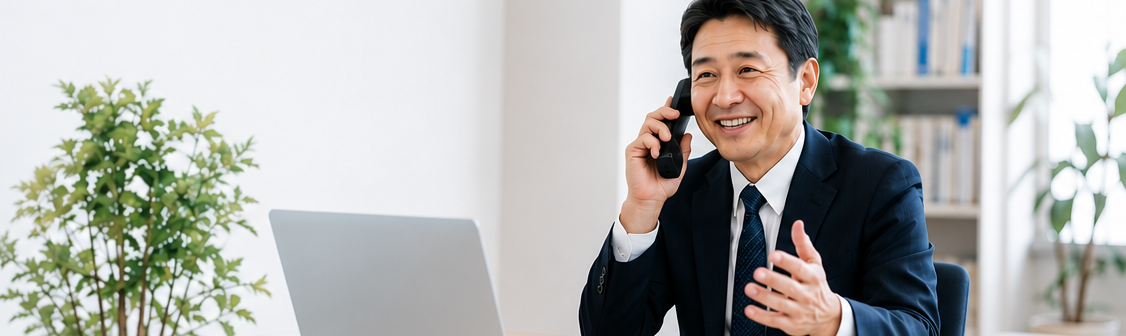 笑顔で電話相談を受ける橋本剛税理士